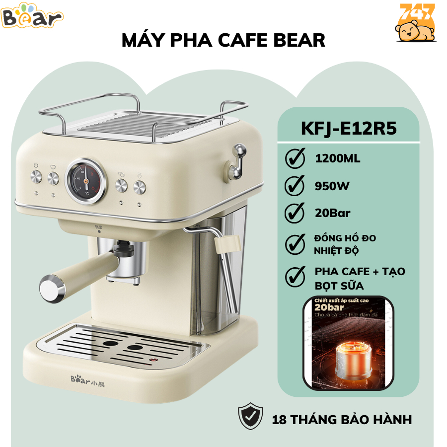 Máy pha cà phê mini tự động Bear KFJ-E12R5, 950W,Dùng được Bột cafe, viên nén pha espresso Tạo bọt sữa gia đình,BH 18 Th