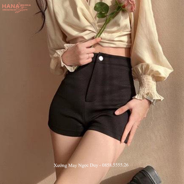Quần short nữ lưng cao co giãn khuy cài khóa kéo có túi dáng quần đùi nữ cạp cao vải Umi ôm bó body đi biển tiệc ở nhà