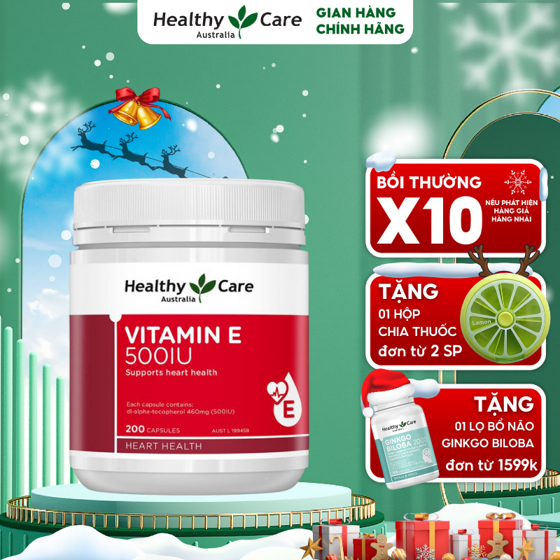 Vitamin E Healthy Care 500IU Úc dưỡng ẩm chăm sóc da dưỡng trắng và mờ thâm sẹo, giúp da căng mịn tươi trẻ 200 viên