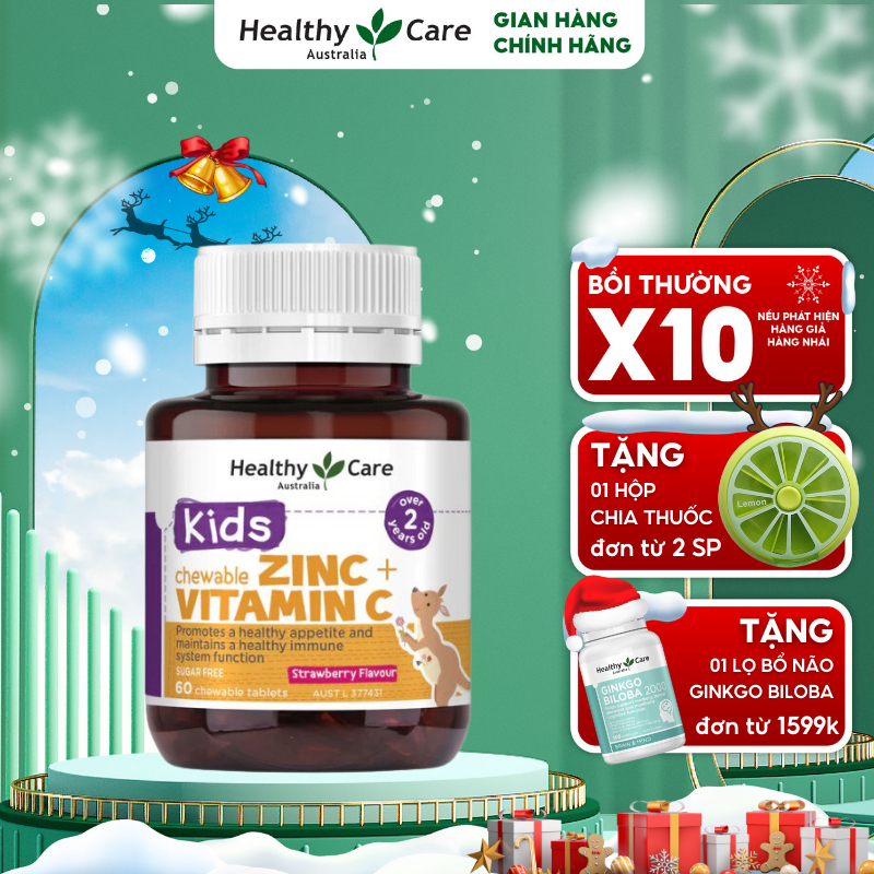 Viên Nhai Bố Sung Kẽm Healthy Care Zinc Vitamin C 60 viên Hồi Phục Sức Khỏe, Tắng Sức Đề Kháng Cho Bé