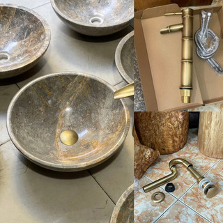 Bộ lavabo đá ( gồm chậu + vòi trúc + xã màu đồng)