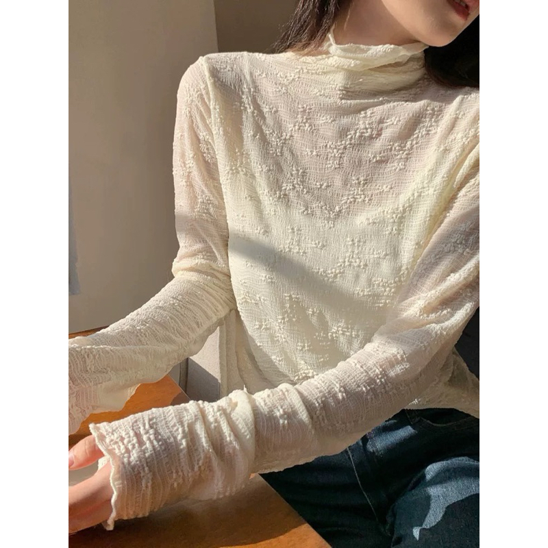 Áo ren kiểu nữ Cổ lọ Cao cấp Dài tay Ngọt ngào Thu Đông Ulzzang Hàn Quốc Áo kiểu Cao cổ Giữ ấm Thời trang