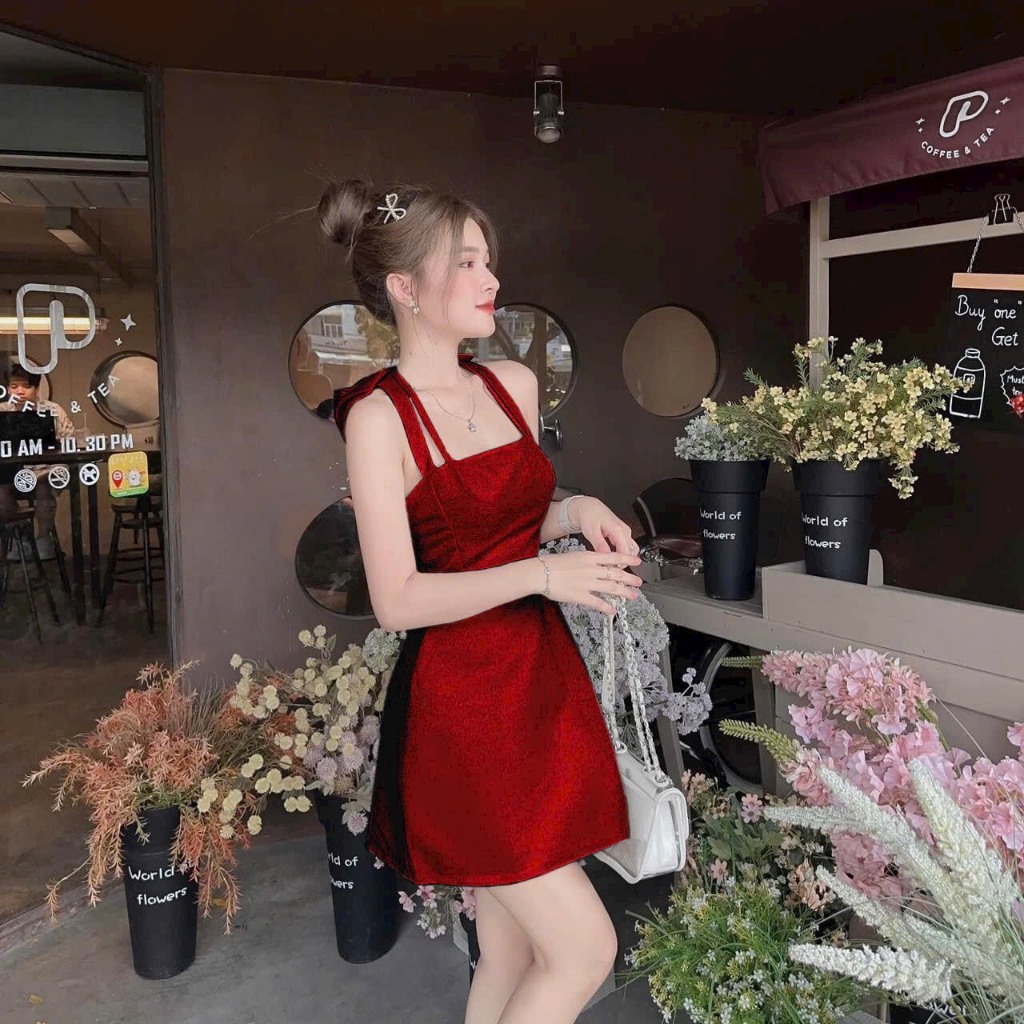 Đầm váy đi tiệc sang chảnh, váy thiết kế hai dây nơ cổ đi tiệc, đi chơi sang trọng quyến rũ cho nàng Fashiolady
