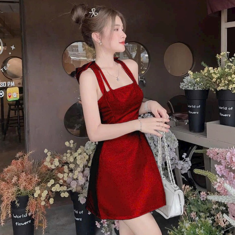 Đầm váy đi tiệc sang chảnh, váy thiết kế hai dây nơ cổ đi tiệc, đi chơi sang trọng quyến rũ cho nàng Fashiolady