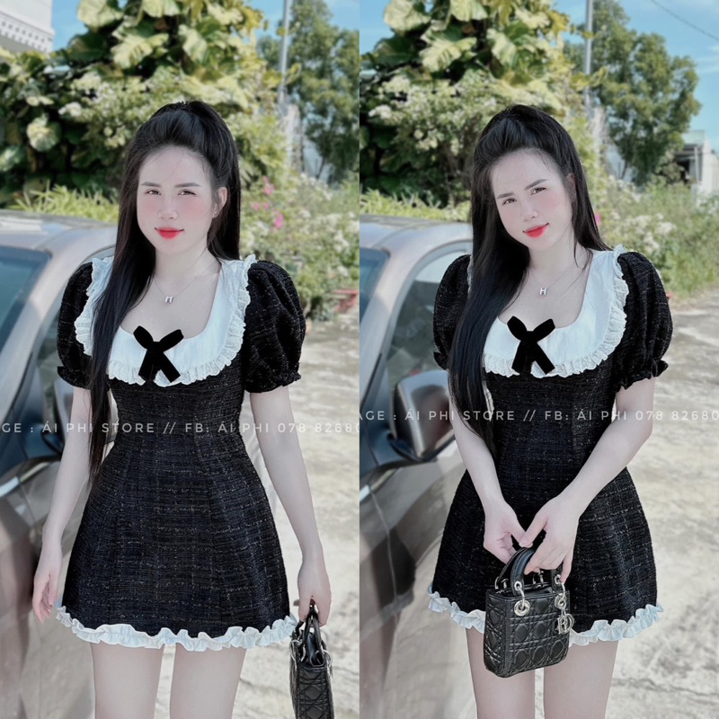 Đầm Bố Dạ Tay Ngắn Phồng Phối Cổ Sen U Nơ Dáng Ngắn Viền Bèo