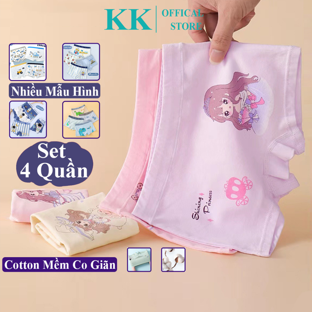 Quần Lót Đùi Cho Bé Gái SET 4 CÁI Cotton Mềm Mịn Co Giãn 4 Chiều, Quần Chíp Trẻ Em Cho Bé Gái Xốp KooKoo