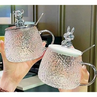  Cốc thuỷ tinh trong suốt kèm NẮP GẤU  G3  sang trọng long lanh có quai cầm chắc chắn 