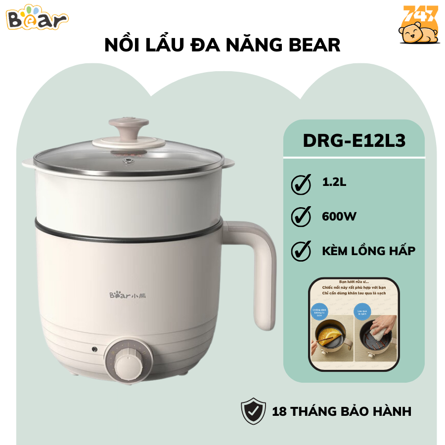 Nồi lẩu hấp điện 2 tầng đa năng Bear DRG-E12L3 dung tích 1.2L chất liệu chịu nhiệt lõi thép không gỉ, Hàng Chính Hãng