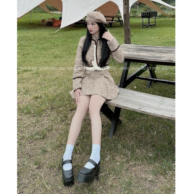 Set váy dạ tweet be tiêu phối bèo  + Chân  váy cạp cao xếp ly có lót mặc tết siêu xinh | Jena