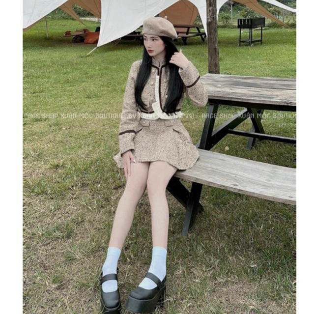 Set váy dạ tweet be tiêu phối bèo  + Chân  váy cạp cao xếp ly có lót mặc tết siêu xinh | Jena