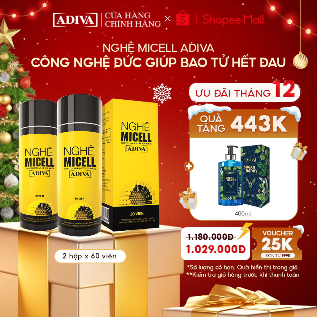 Combo 2 Hộp Nghệ Micell Adiva 30 Viên- Hỗ Trợ Các Vấn Đề Về Đau Bao Tử, Dạ Dày