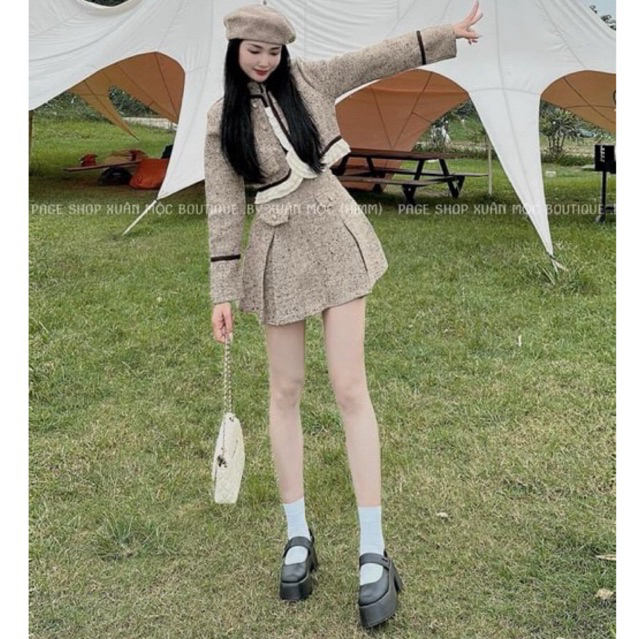 Set váy dạ tweet be tiêu phối bèo  + Chân  váy cạp cao xếp ly có lót mặc tết siêu xinh | Jena