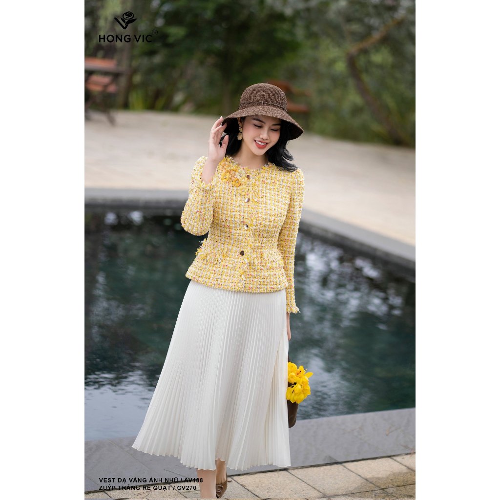 Vest dạ nữ thiết kế Hong Vic vàng ánh nhũ AV188