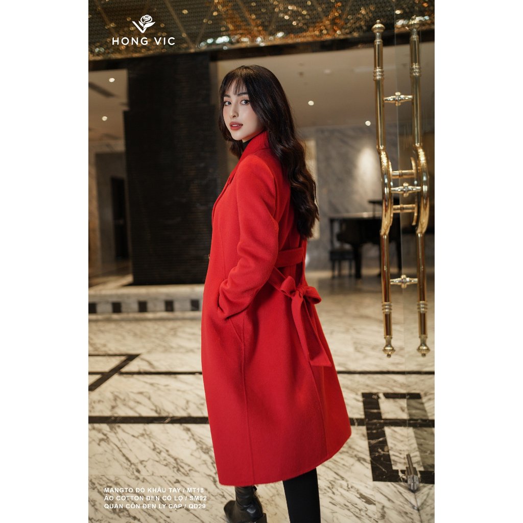 Áo khoác Mangto nữ thiết kế Hongvic đỏ khâu tay MT18