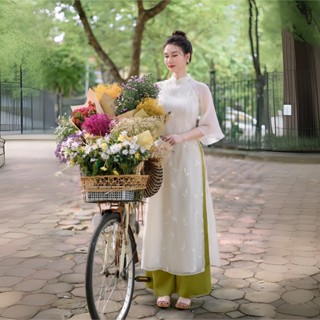 Áo Dài Cách Tân Thêu Hoa NV571 Set Đồ Nữ Cổ Trụ Ba Màu Vải Voan Phối Quần Lụa Xinh Xắn