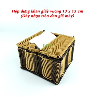 Hộp Đựng Khăn Giấy Vuông Dây Nhựa Đan Giả Mây Tre - 13 x 13 cm, Hộp Đựng Khăn Giấy Bàn Ăn