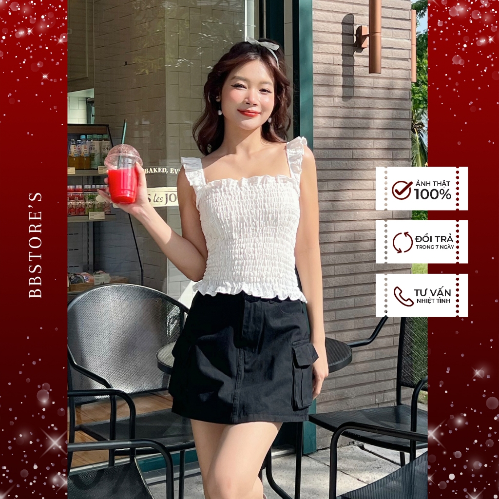 BBSTORE'S Áo Crop Hai Dây Nhún Thun Tay Bèo -BBA1918