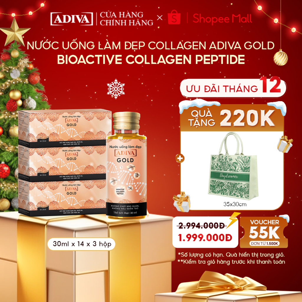 Combo 3 Hộp Nước Uống Làm Đẹp Collagen ADIVA Gold - Giúp Làn Da Căng Mịn, Giảm Nếp Nhăn Và Chống Lão Hóa