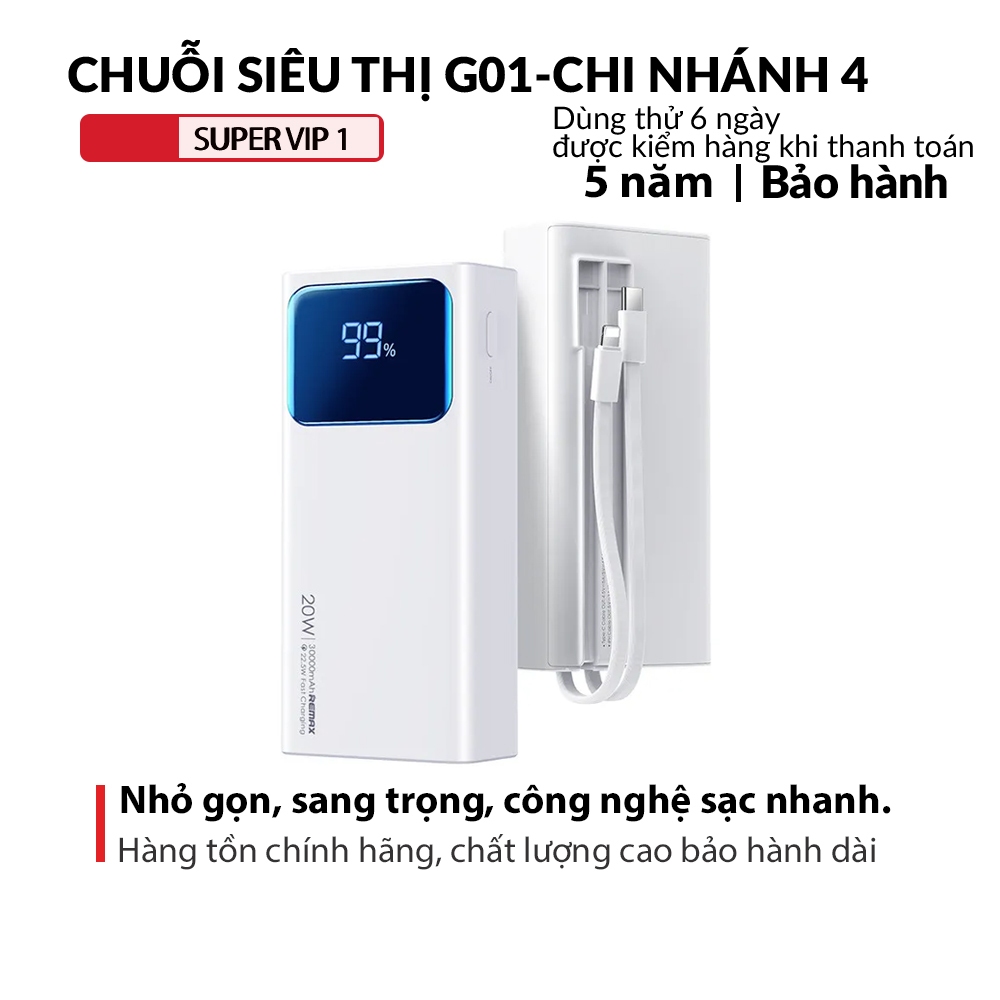 Pin dự phòng mini Remax RPP 571 30000mAh PD TypeC 20W và QC3.0 22.5W, tích hợp 2 cáp sạc nhanh màn hình LCD cao cấp