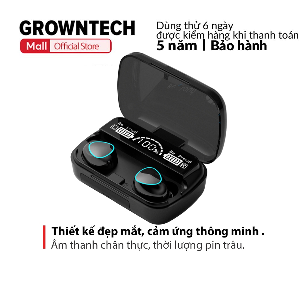 Tai nghe không dây M10 bluetooth 2500maH GrownTech nhét tai đèn Led đẹp mắt, hộp sạc có màn hình