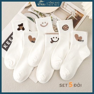 Tất vớ nữ tone trắng họa tiết basic đơn giản dễ phối đồ, chất kiệu cotton co giãn mềm mại - Ekiu Shop