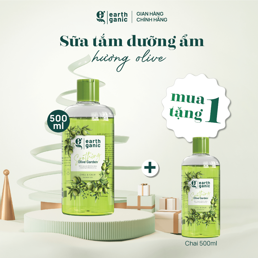 Sữa tắm dưỡng ẩm trắng da Earthganic Hương Olive AHA trắng da thơm lâu, thành phần thiên nhiên