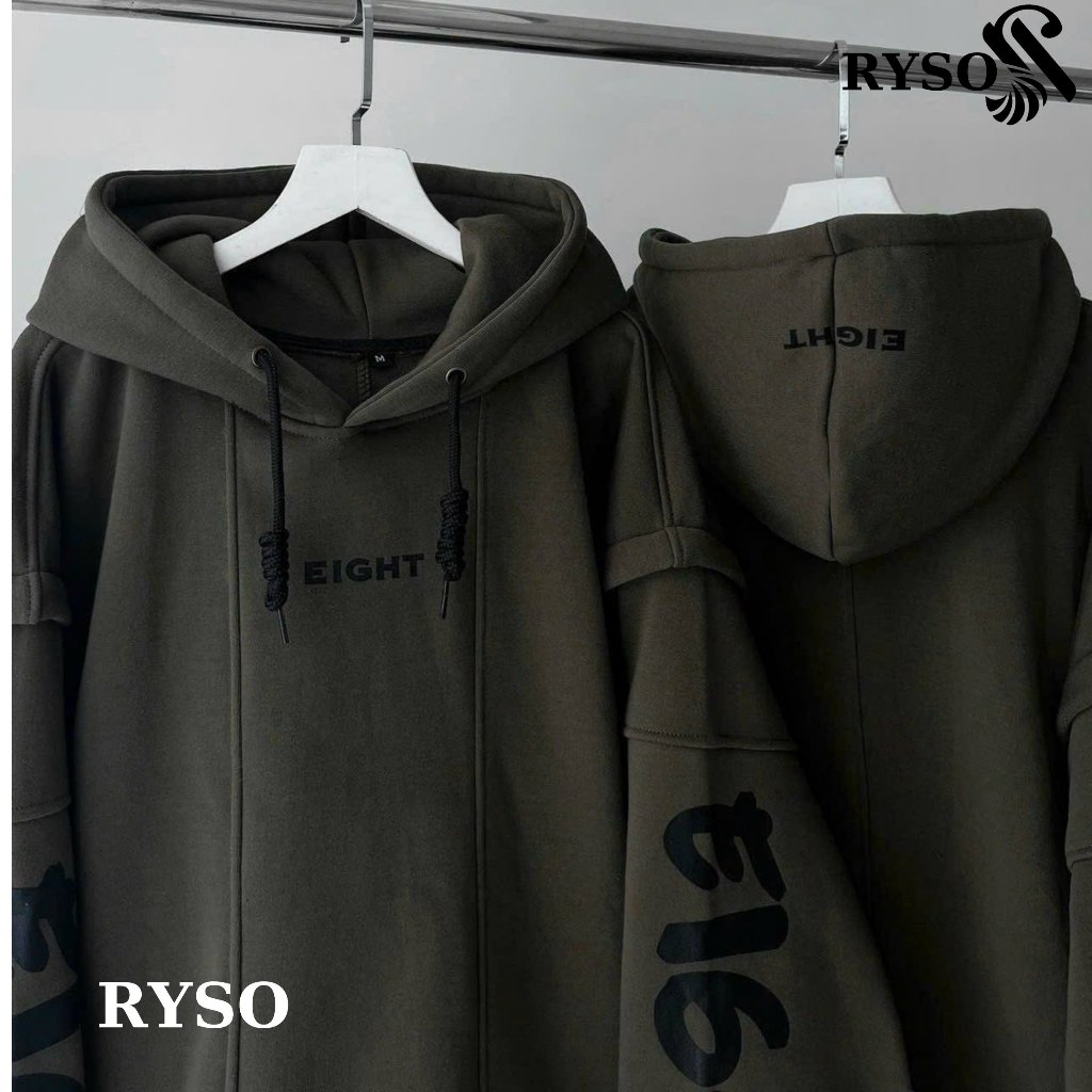 Áo Hoodie Nỉ Lót Bông Tay Nối EIGHT Form Rộng Unisex RYSO FASHION Zip Chất Nỉ Bông Dày Dặn