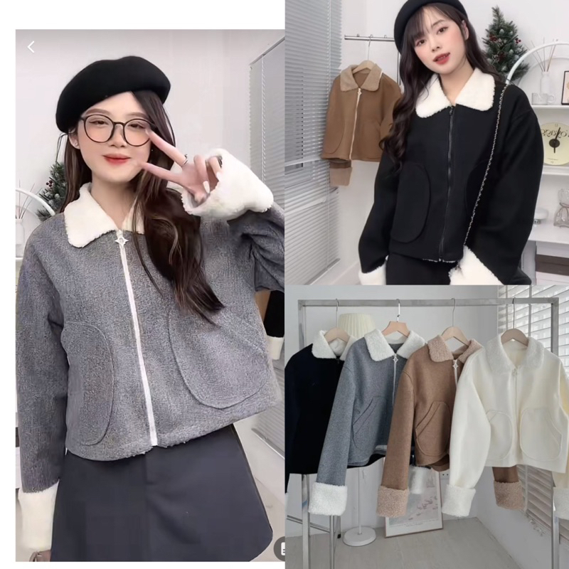 ÁO KHOÁC DẠ ÉP CỔ BẺ PHỐI LÔNG CỪU KHOÁ KÉO”ZENNA”