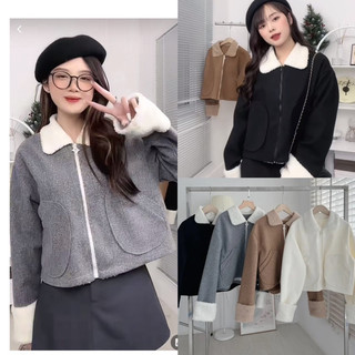 Áo khoác dạ ép cổ bẻ phối lông cừu khoá kéo”zenna”