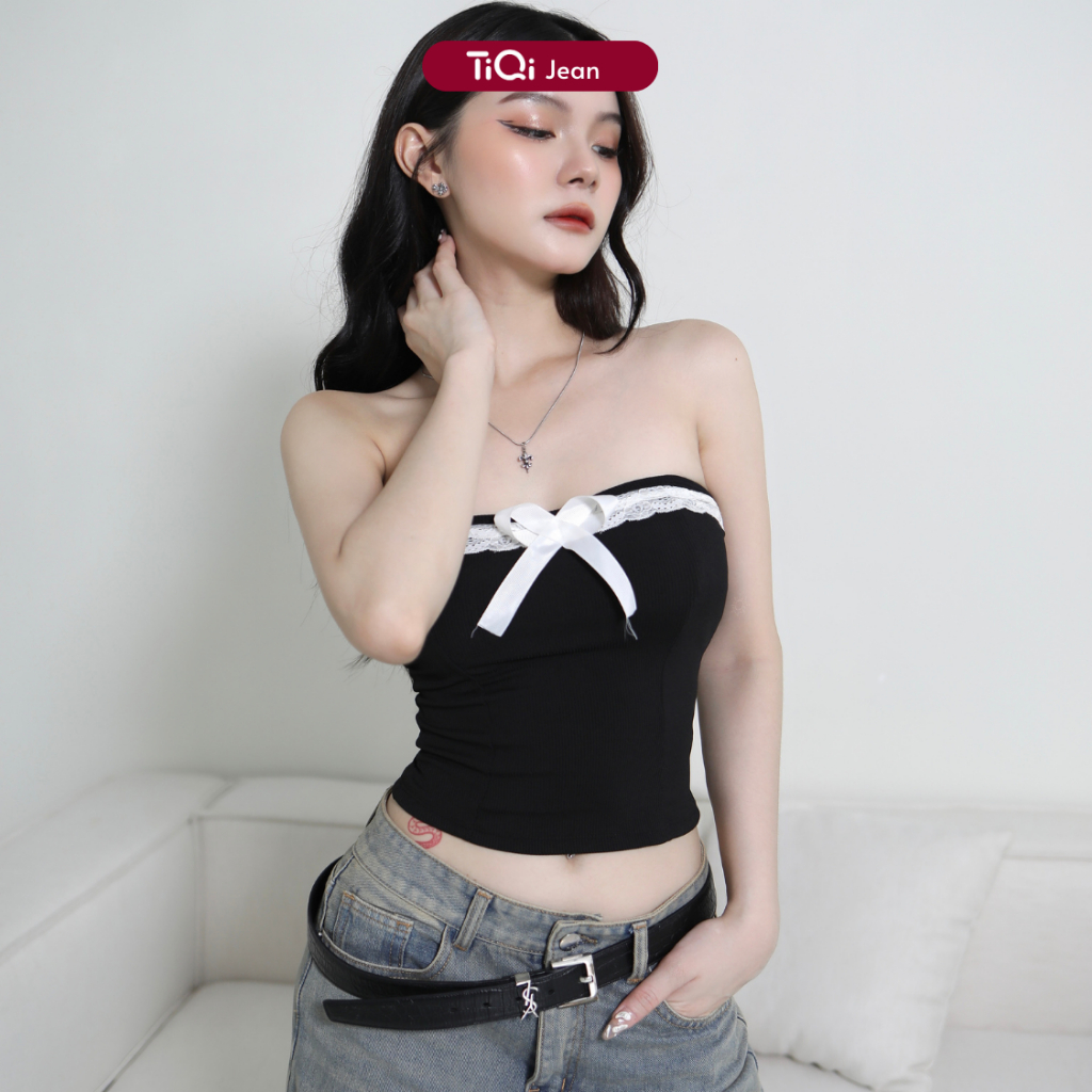 Áo ống phối viền ren đính nơ TiQi A55