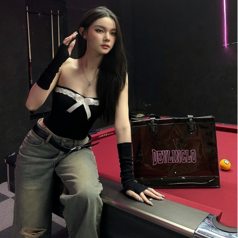 Áo ống phối viền ren đính nơ TiQi A55