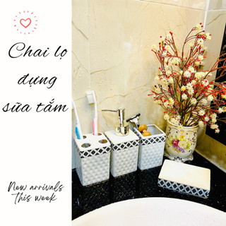 Bình đựng xà phòng nước rửa tay, chai chiết dầu gội sữa tắm có vòi xịt bằng gốm sứ trang trí nhà tắm Combo 4 món
