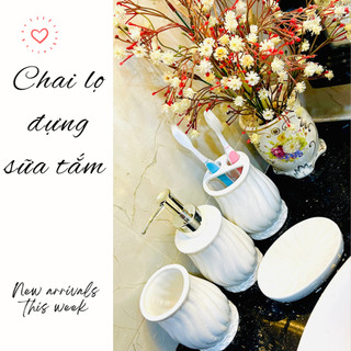 Bình đựng xà phòng nước rửa tay, chai chiết dầu gội sữa tắm có vòi xịt bằng gốm sứ trang trí nhà tắm Combo 4 món