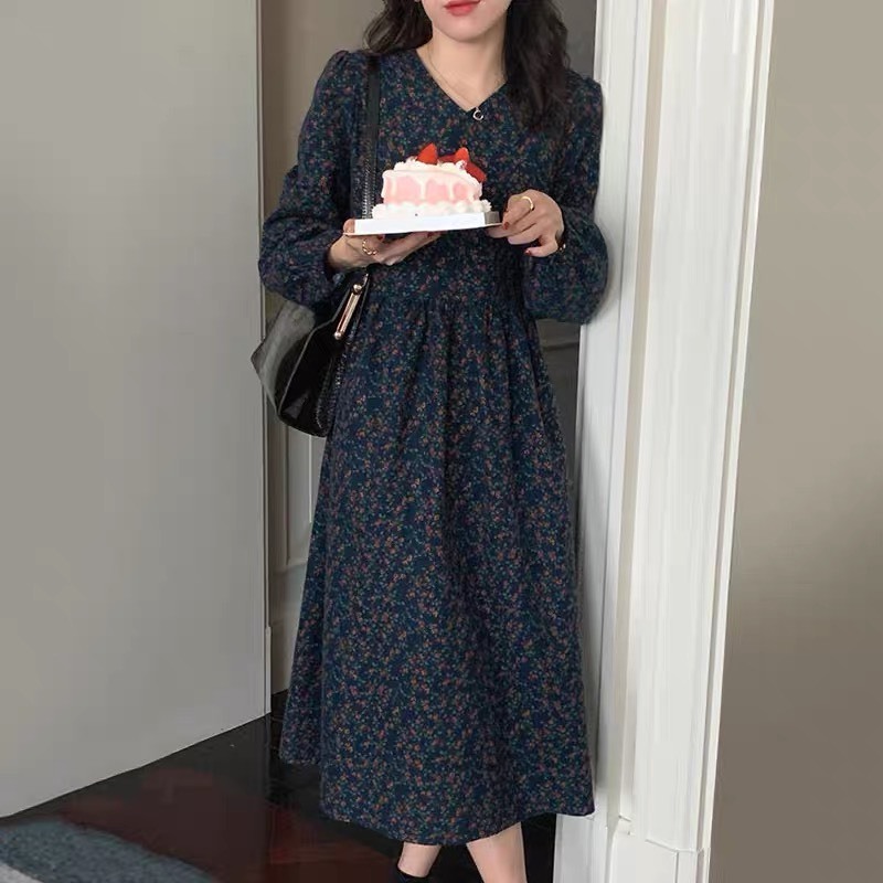 Váy dài tay hoa nhí mùa thu, thắt eo xòe dài điệu đà babydoll vintage Hàn Quốc