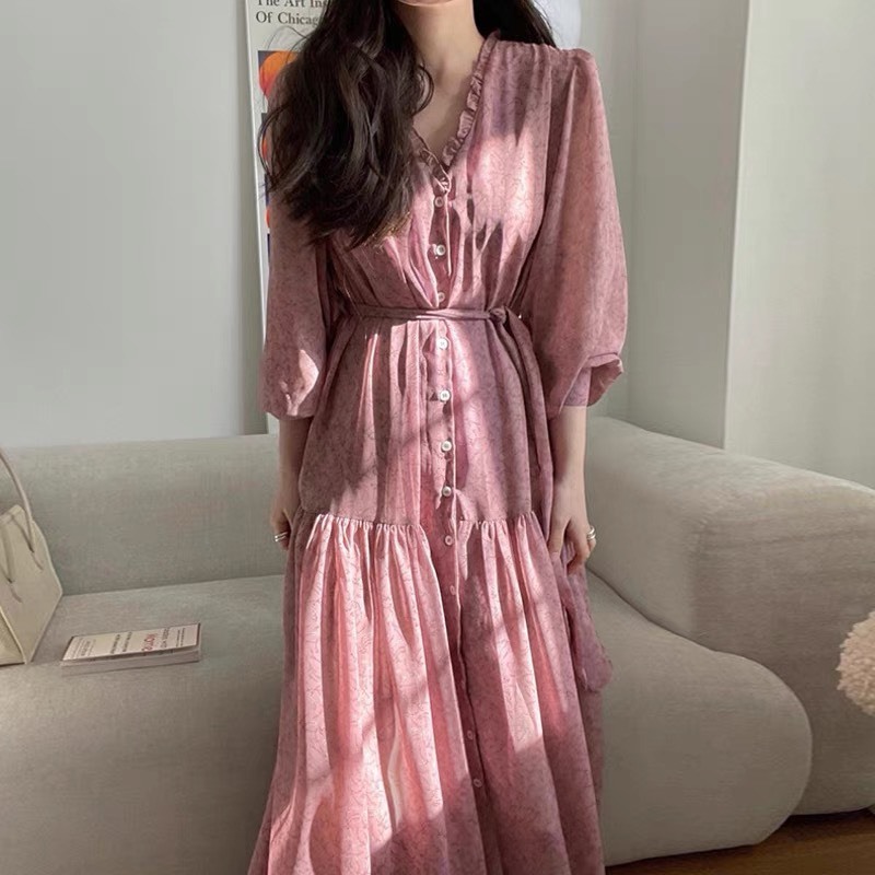 Váy hoa nhí phối bèo xòe dài thắt eo điệu đà style Hàn Quốc vintage