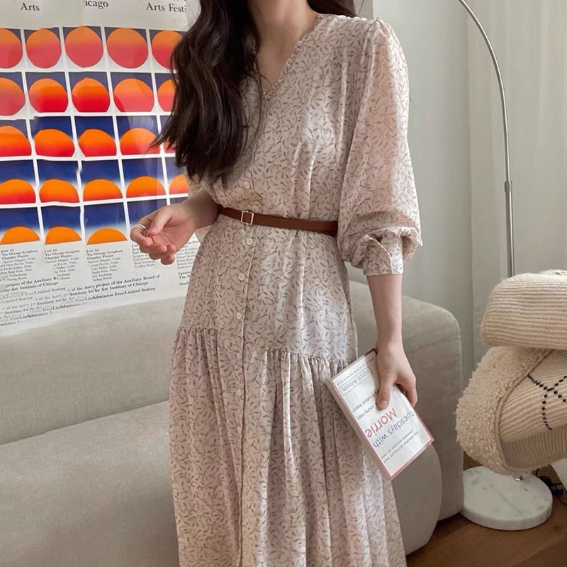 Váy hoa nhí phối bèo xòe dài thắt eo điệu đà style Hàn Quốc vintage