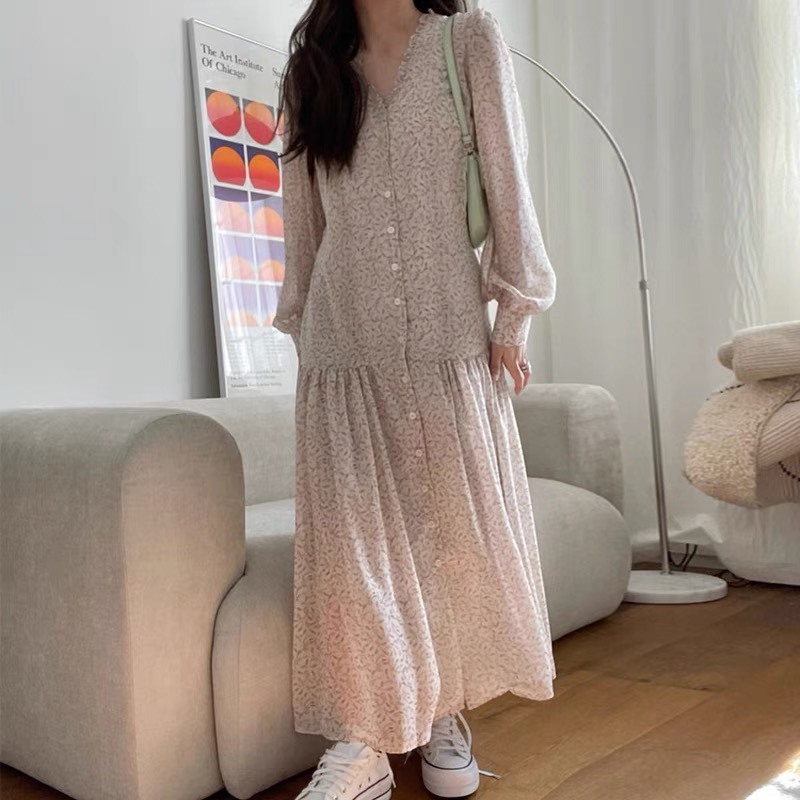 Váy hoa nhí phối bèo xòe dài thắt eo điệu đà style Hàn Quốc vintage