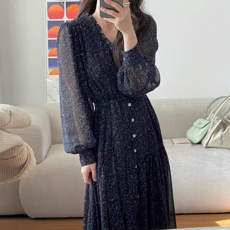 Váy hoa nhí phối bèo xòe dài thắt eo điệu đà style Hàn Quốc vintage