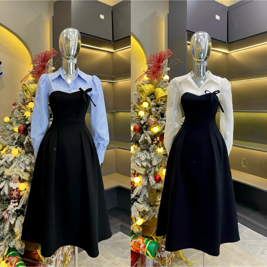Váy Thiết Kế Evii C85 dành cho nữ , Đầm thiết kế cổ đức dáng liền A xoè che khuyết điểm tốt ( tặng kèm nơ đi liền) phù h