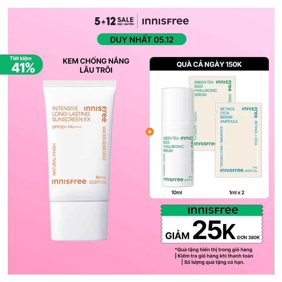 Kem chống nắng lâu trôi innisfree Intensive Long Lasting Sunscreen SPF50+ PA++++ 60ml (New 2023)