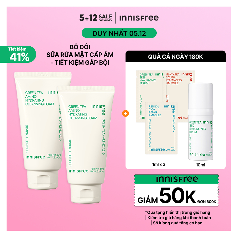 Bộ 2 Sữa rửa mặt làm sạch và cấp ẩm từ trà xanh Innisfree Green Tea Hydramino Cleansing Foam 150g [NEW 2023]