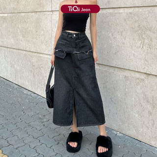 Chân váy jean dài chữ A xẻ trước TiQi Jeans V1-010
