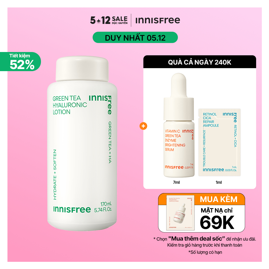 Sữa dưỡng ẩm từ trà xanh đảo Jeju Innisfree Green Tea hyaluronic lotion 170ml (NEW 2023)