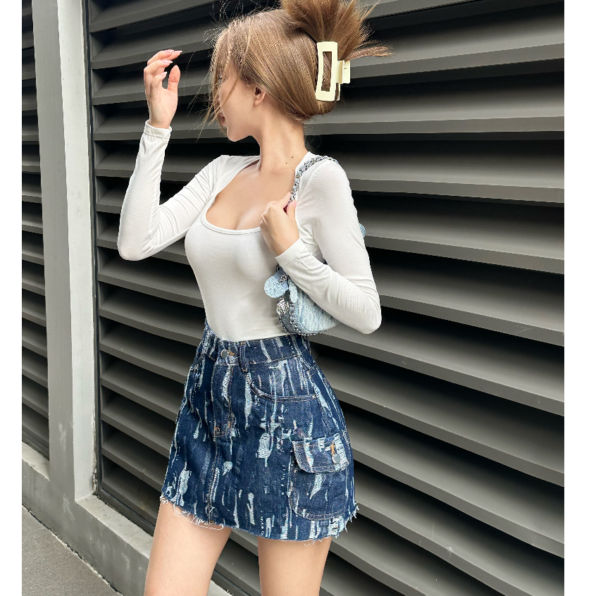 Chân váy jean dáng chữ A họa tiết TiQi Jeans