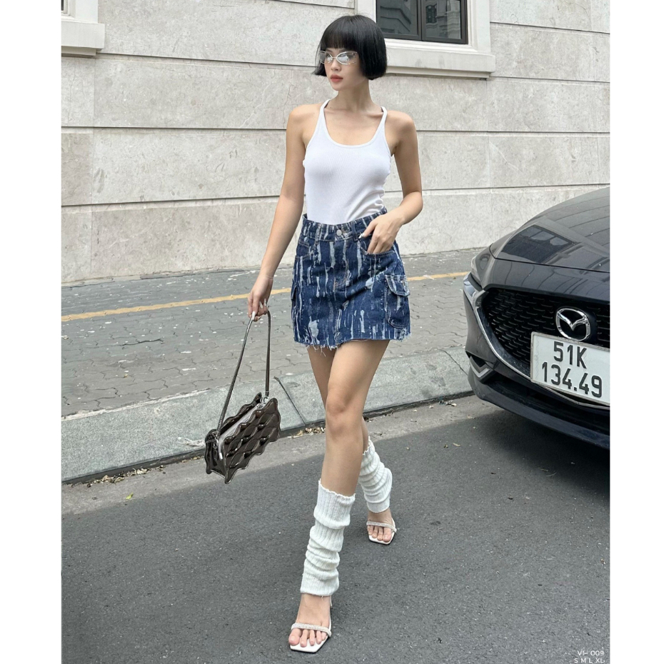 Chân váy jean dáng chữ A họa tiết TiQi Jeans