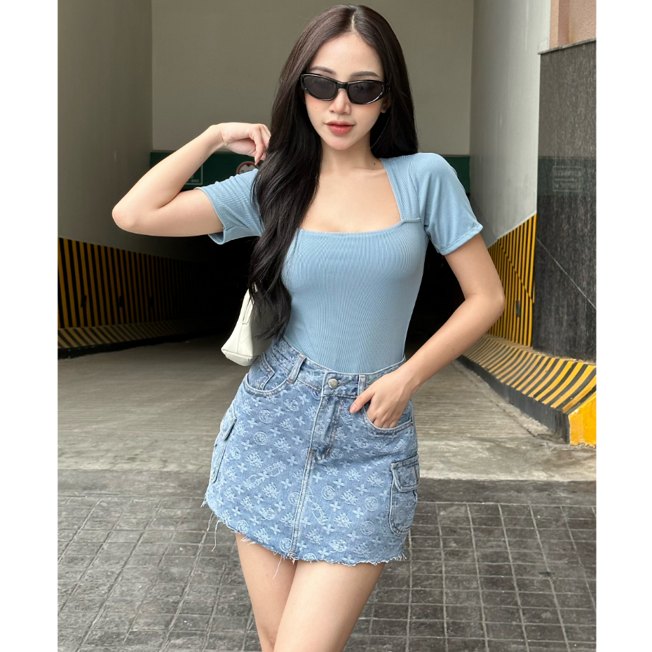 Chân váy jean dáng chữ A họa tiết TiQi Jeans