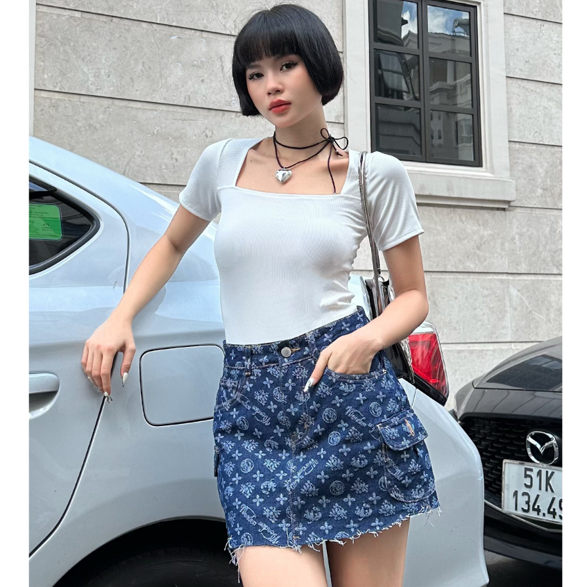 Chân váy jean dáng chữ A họa tiết TiQi Jeans