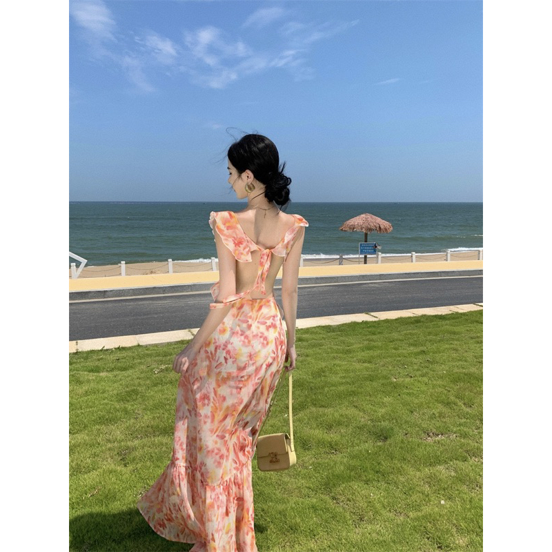 Đầm maxi hoa hở lưng cổ chữ V quyến rũ hebe's A104