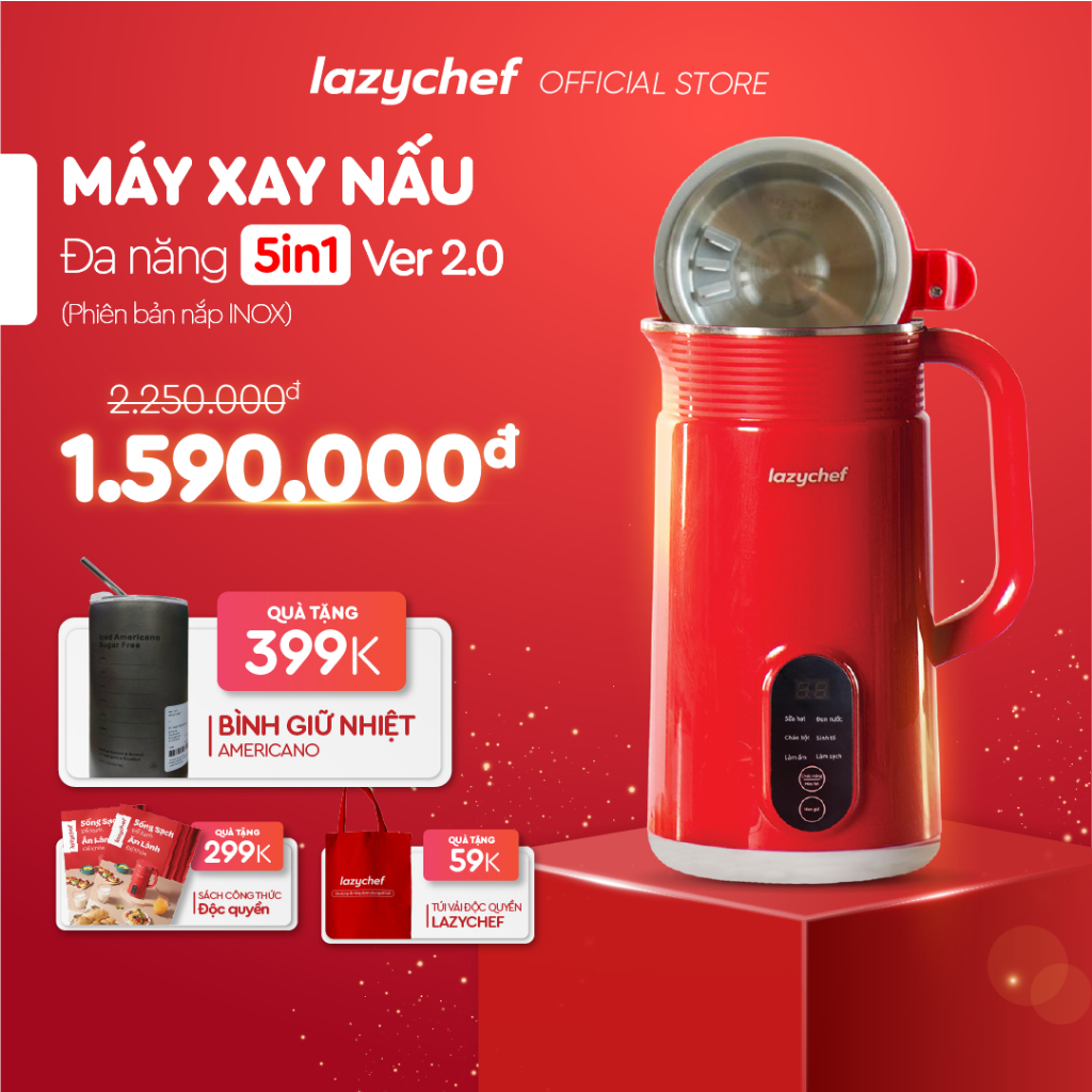 Máy Làm Sữa Hạt 5in1 Lazychef - Lô Mới 6 Lưỡi Dao Kép - Máy Xay Sinh Tố, Máy Làm Sữa Hạt - Dung Tích 800ml, Bảo Hành 12