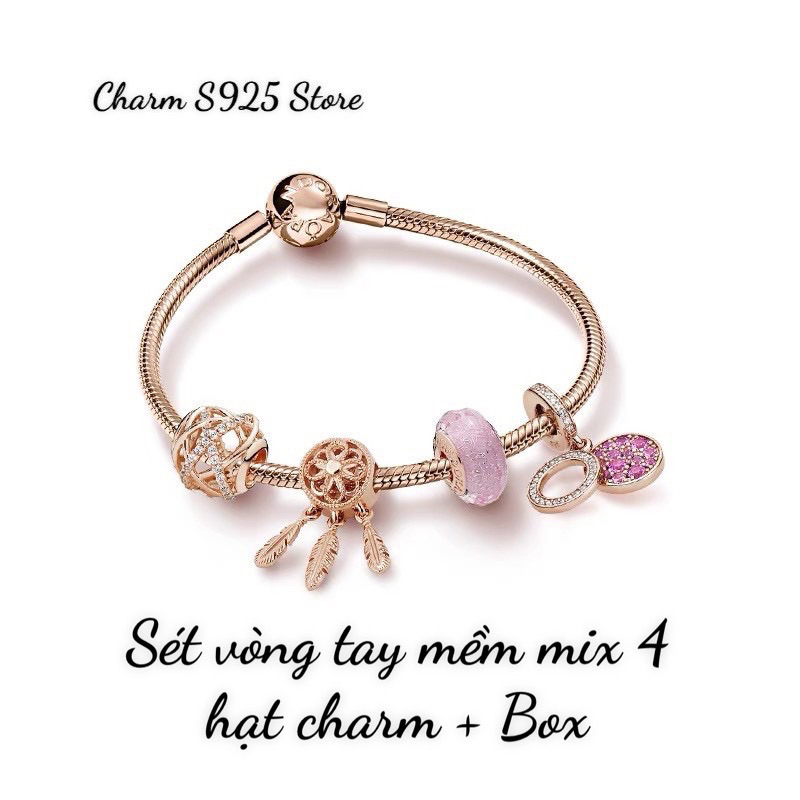 COMBO BỘ VÒNG TAY PAN ALE DÂY MỀM MIX 4 HẠT CHARM ROSE GOLD HÀNG CAO CẤP